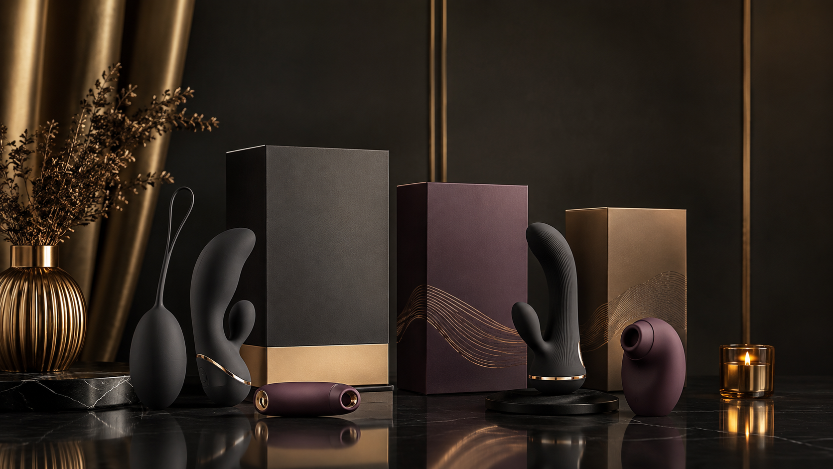 Premium intimate wellness products and packaging arranged in a high-end editorial display