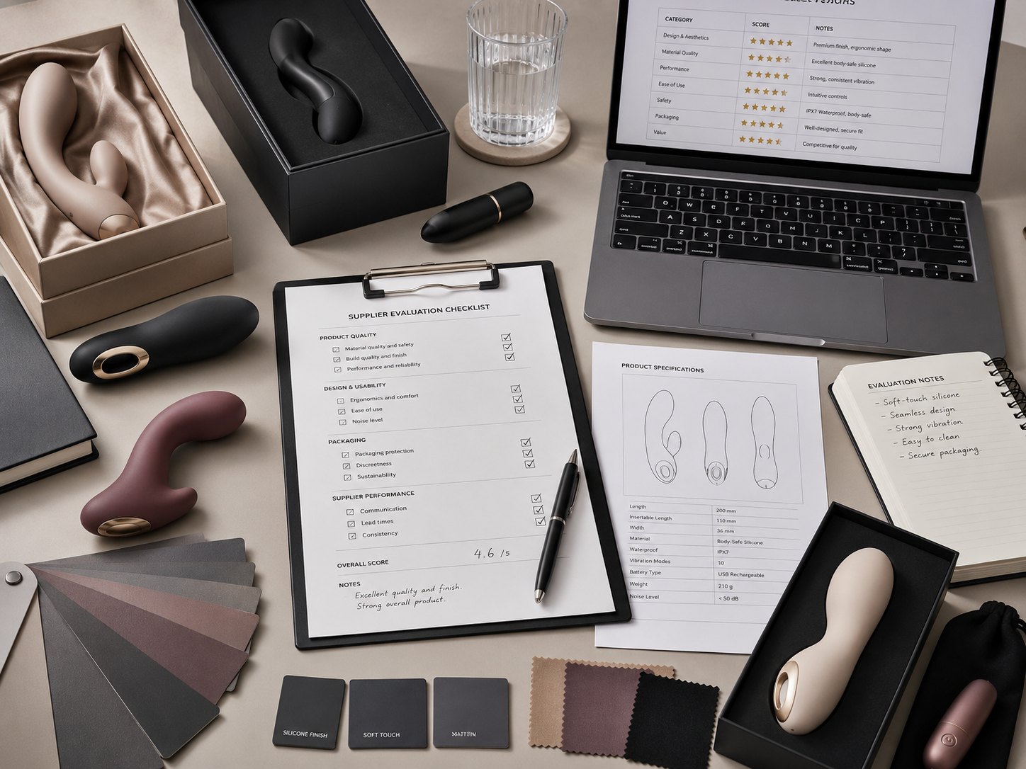 Professional product review workspace with evaluation checklist, product samples, and specification sheets