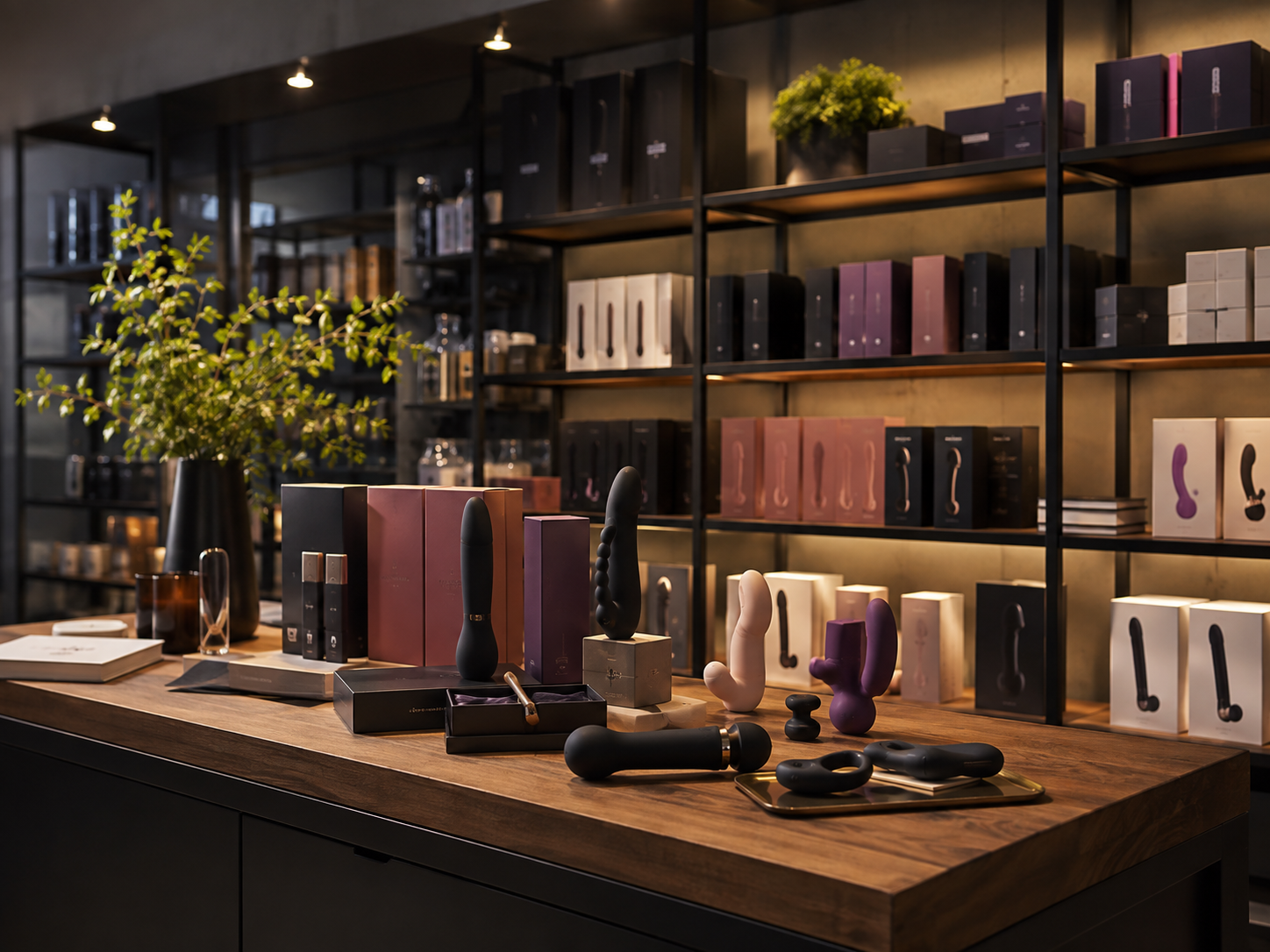 Upscale product showroom with shelves of premium intimate product packaging